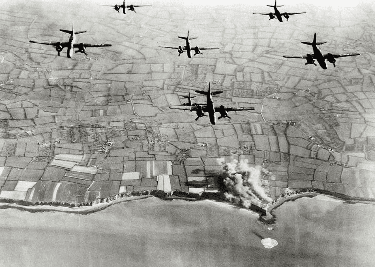 Six US A-20 bombers have bombed German positions at the Pointe Du Hoc coastal battery.