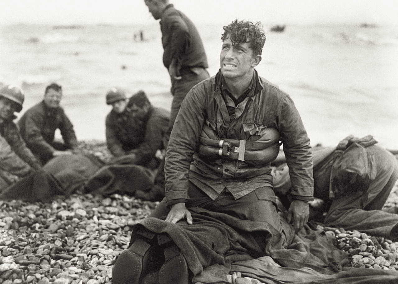 2nd Lt. Walter Sidlowski of 348th Engineer C Battalion, 5th Engineer Special Brigade, on Omaha Beach, after helping to rescue a group of drowning soldiers.