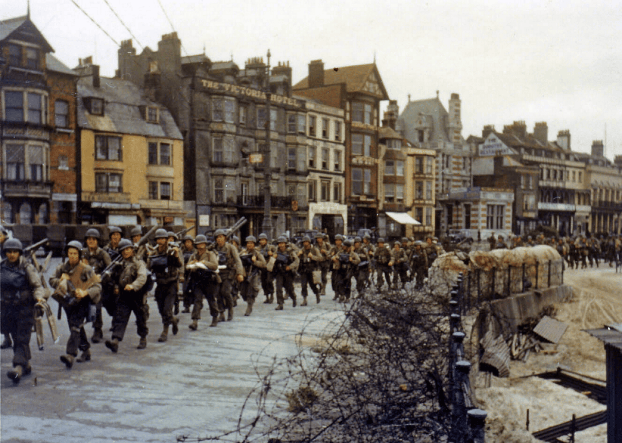 U.S. troops prepare to board landing ships in Weymouth, England, prior to D-Day.