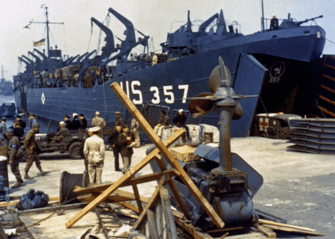 An ambulance is loaded at Portland Harbor in Dorset, England, on June 5, 1944.