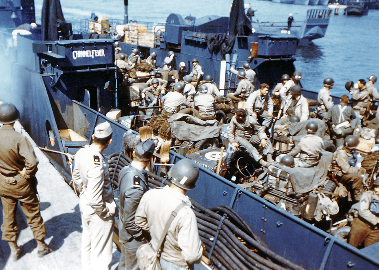Soldiers of the 1st Infantry Division of the US Army have boarded the Landing Craft Transport (LCT) named Channel Fever in Southern England on June 5.
