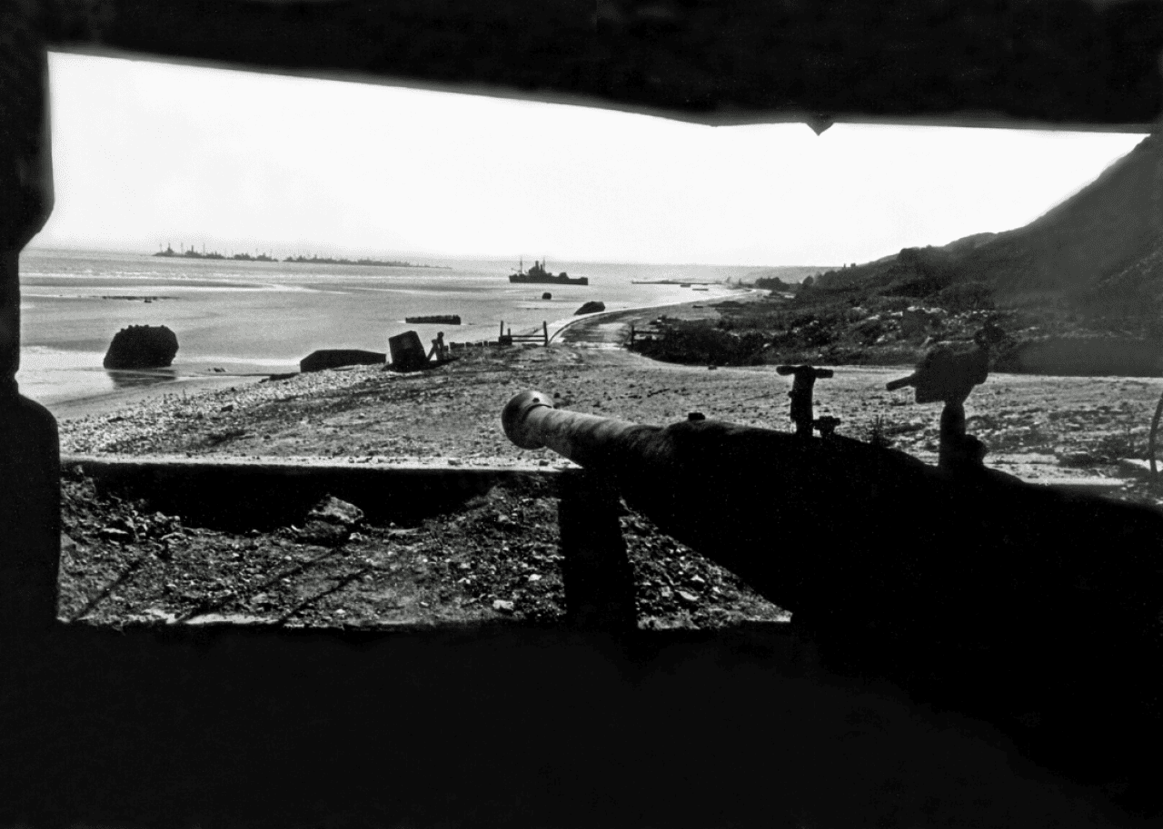 A view of the fallen Atlantic Wall on Omaha Beach in June of 1944.