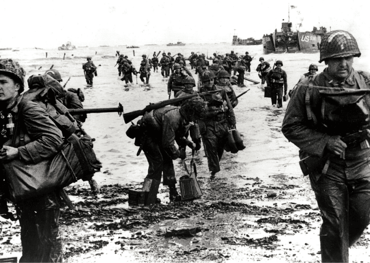 American shock troops land on a Normandy beach on June 6, 1944.
